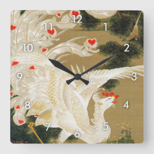 Pine Tree & Phoenix (Love Heart Phoenix), Jakuchu Square Wall Clock