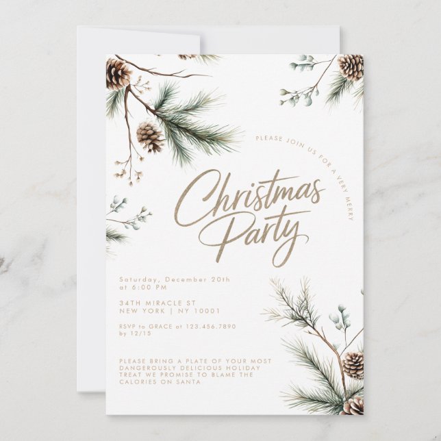 Pine Tree Pinecones Minimalist Christmas Party Invitation (Front)