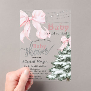 Pine Tree Pink Bow Snowflakes Baby Shower Acrylic Invitations