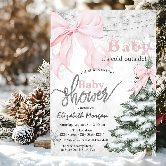  Pine Tree Pink Bow Snowflakes Baby Shower Invitation (Creator Uploaded)