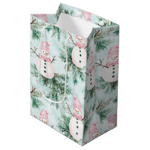 Pine Tree Pink White Snowman Girl Christmas Medium Gift Bag