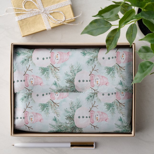 Pine Tree Pink White Snowman Girl Christmas Tissue Paper (Gift)