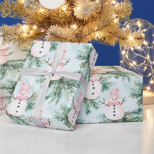 Pine Tree Pink White Snowman Girl Wrapping Paper (Holidays)