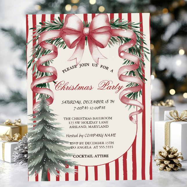  Pine Tree Red Bow Christmas Party  Invitation (Creator Uploaded)