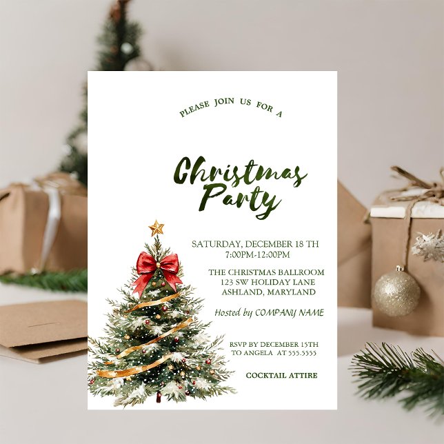 Pine Tree Red Bow Stars Green Christmas  Invitation (Creator Uploaded)