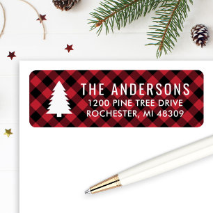 Pine Tree Red Buffalo Plaid Christmas Address Label