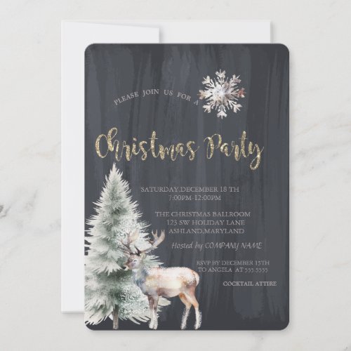 Pine TreeReindeerSnowflake Black Christmas  Invitation