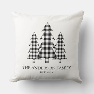 Pine Tree Rustic Buffalo Plaid Black White Throw Pillow