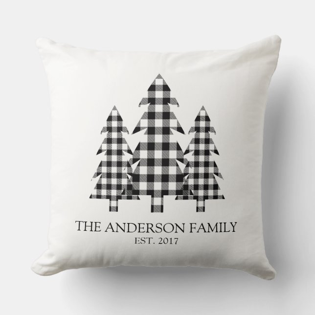 Pine Tree Rustic Buffalo Plaid Black White Throw Pillow (Front)