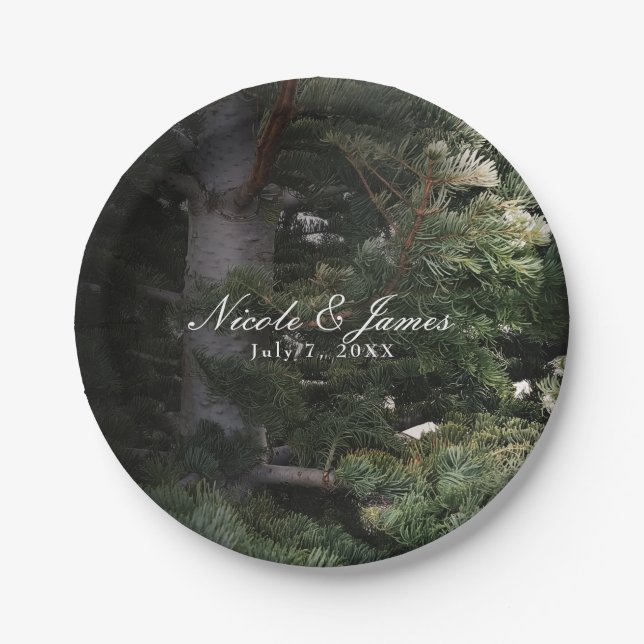 Pine Tree Rustic Forest Woods Wedding Reception Paper Plates (Front)