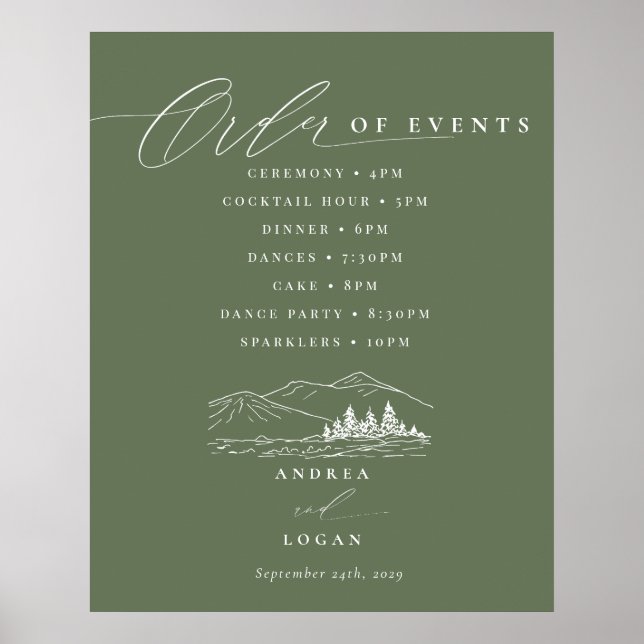 Pine Tree Rustic Mountains Wedding Order of Events Poster (Front)