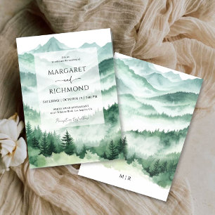 Pine Tree Rustic Watercolor Mountain Wedding Invitation