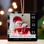 Pine Tree & Snow Baby Birth Stats & Photos Black Ceramic Ornament<br><div class="desc">New baby birth stats photo Christmas ornament. The design features two photos, one photo on the front and one on the back. Display your new baby's photo. The date of birth is displayed along the side and the baby's name and birth stats along the bottom. A black background with white...</div>