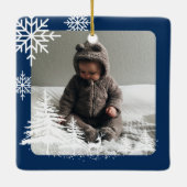  Pine Tree & Snow Baby Birth Stats & Photos Blue Ceramic Ornament (Back)