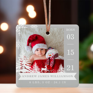 Pine Tree & Snow Baby Birth Stats & Photos Grey Ceramic Ornament