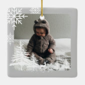  Pine Tree & Snow Baby Birth Stats & Photos Grey Ceramic Ornament (Back)