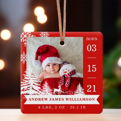  Pine Tree  Snow Baby Birth Stats  Photos Red Ceramic Ornament