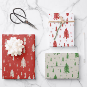 Pine Tree Snowflake Doodle Red Beige Green Trio Wrapping Paper Sheets