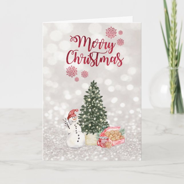 Pine Tree,Snowman,Cookies Glittery Bokeh Holid Holiday Card (Front)