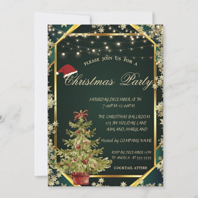 Pine Tree,Stars Lines Green Christmas Company  Invitation (Front)