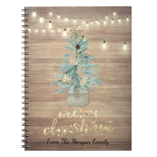  Pine Tree,String Lights,Wood Christmas Notebook (Front)
