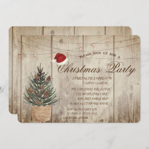 Pine Tree,String Lights,Wood Texture Christmas Invitation