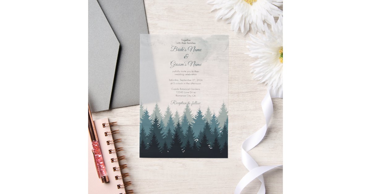 Pine Tree Watercolor Forest Rustic Wedding Vellum Invitations | Zazzle