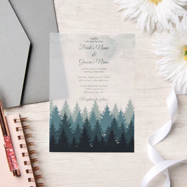 Pine Tree Watercolor Forest Rustic Wedding Vellum Invitations | Zazzle