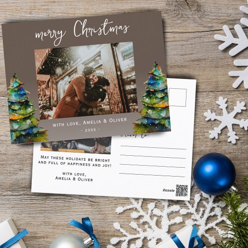 Pine Tree Watercolor Merry Christmas Script Photo Holiday Postcard