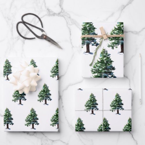 Pine Tree with Snow Christmas Holiday Pattern Wrapping Paper Sheets