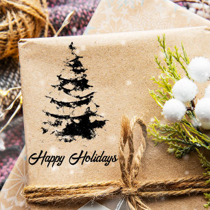 Pine Tree with Snow Script Happy Holiday Christmas Rubber Stamp
