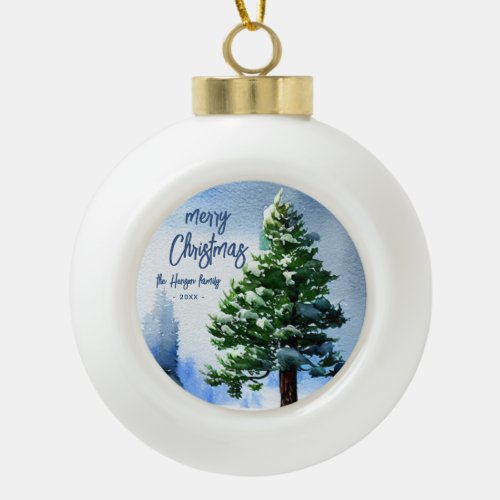 Pine Tree with Snow Watercolor Painting Christmas Ceramic Ball Christmas Ornament