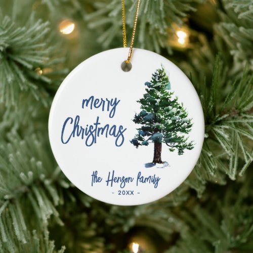 Pine Tree with Snow Watercolor Painting Christmas Ceramic Ornament