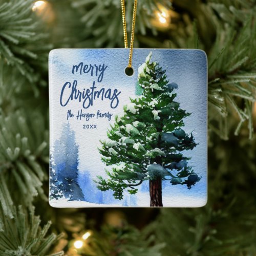 Pine Tree with Snow Watercolor Painting Christmas  Ceramic Ornament