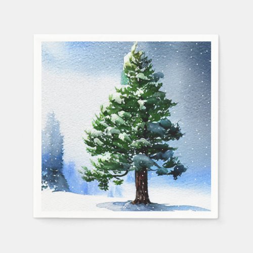 Pine Tree with Snow Watercolor Painting Christmas  Napkins