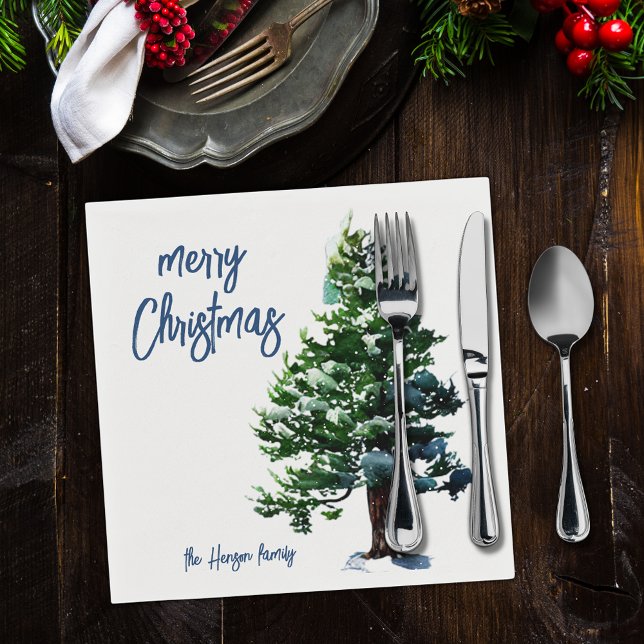 Pine Tree with Snow Watercolor Painting Christmas  Napkins (Creator Uploaded)