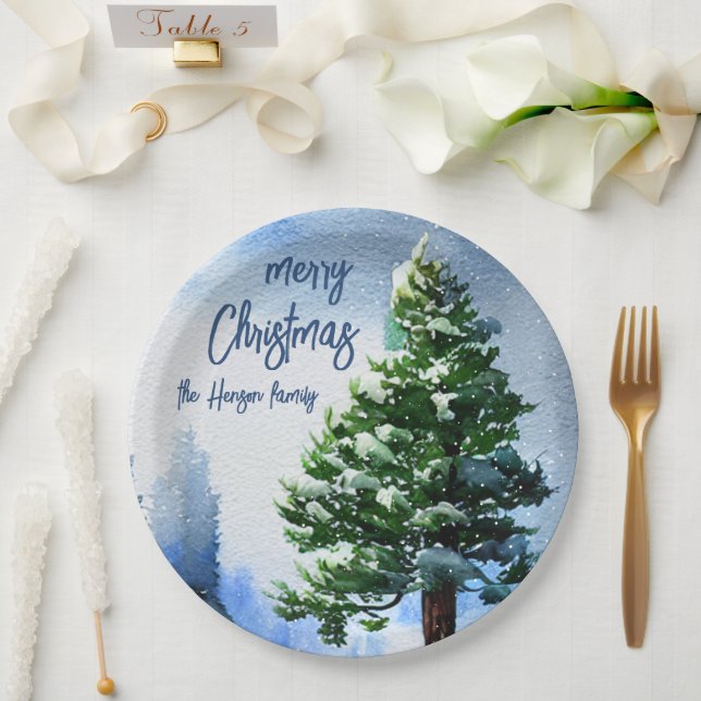 Pine Tree with Snow Watercolor Painting Christmas  Paper Plates (Wedding)