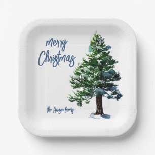 Pine Tree with Snow Watercolor Painting Christmas Paper Plates