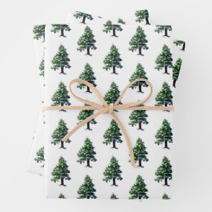 Pine Tree with Snow Watercolor Painting Wrapping Paper Sheets