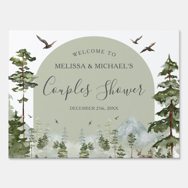 Pine Tree Woodland Couple Shower Welcome Yard Sign (Front)