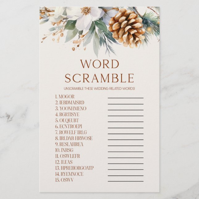 Pine Tree Word Scramble Bridal Shower Game  Stationery (Front)
