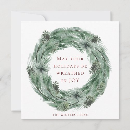 Pine Tree Wreath Family Photo Green  Red Holiday Card