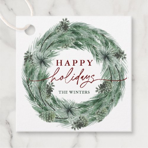 Pine Tree Wreath Happy Holidays Green  Red  Favor Tags