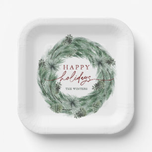 Pine Tree Wreath Happy Holidays Green & Red Paper Plates