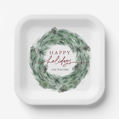 Pine Tree Wreath Happy Holidays Green  Red Paper Plates