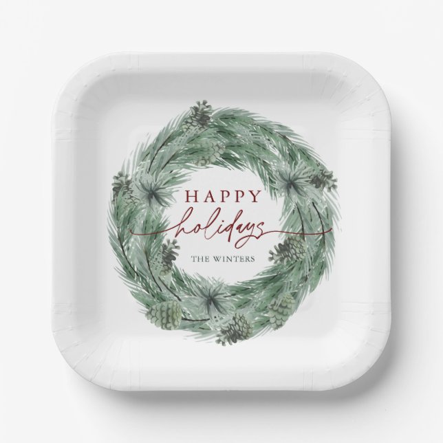 Pine Tree Wreath Happy Holidays Green & Red Paper Plates (Front)