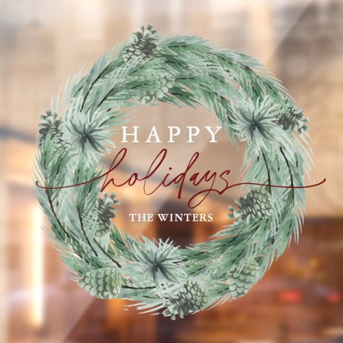 Pine Tree Wreath Happy Holidays  Window Cling