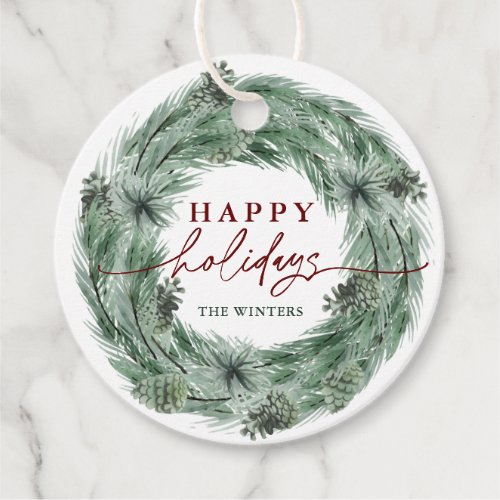 Pine Tree Wreath Happy Holidays with QR Code  Favor Tags