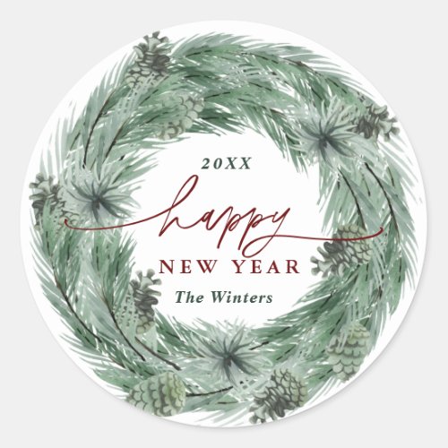 Pine Tree Wreath Happy New Year Classic Round Sticker