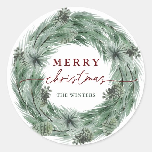 Pine Tree Wreath Merry Christmas Classic Round Sticker